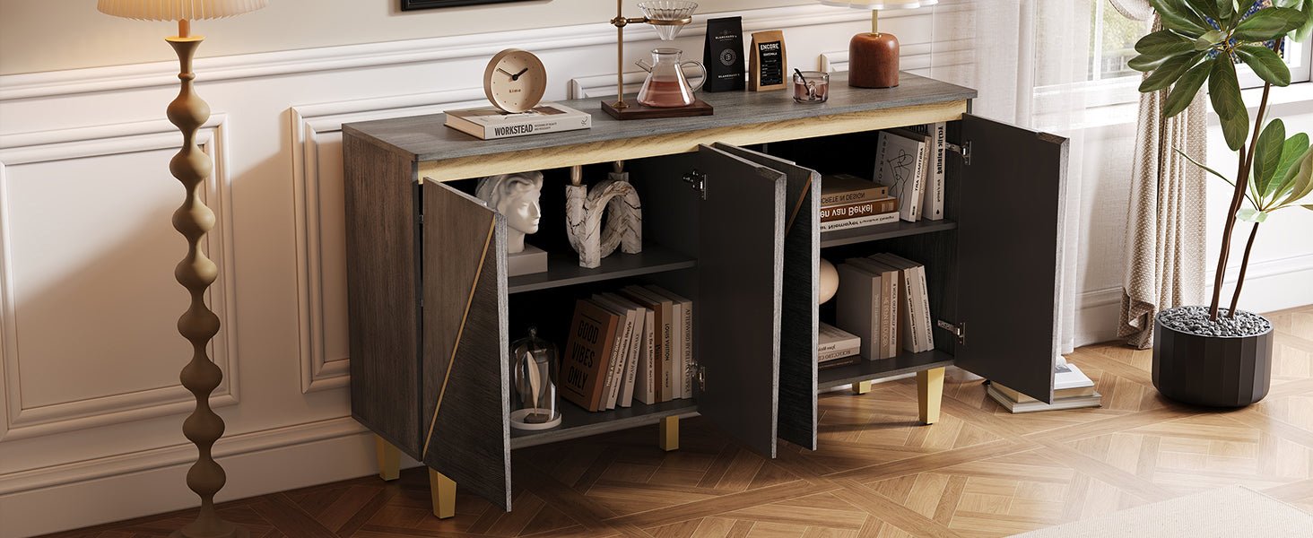 TREXM 60' Retro Buffet Cabinet with Storage, 4 - Door Vintage Sideboard Cabinet with Dimensional Effect Doors and Adjustable Shelves for Dining Room, Kitchen, and Living Room (Light and Dark Gray) - 1st Choice Furniture Direct