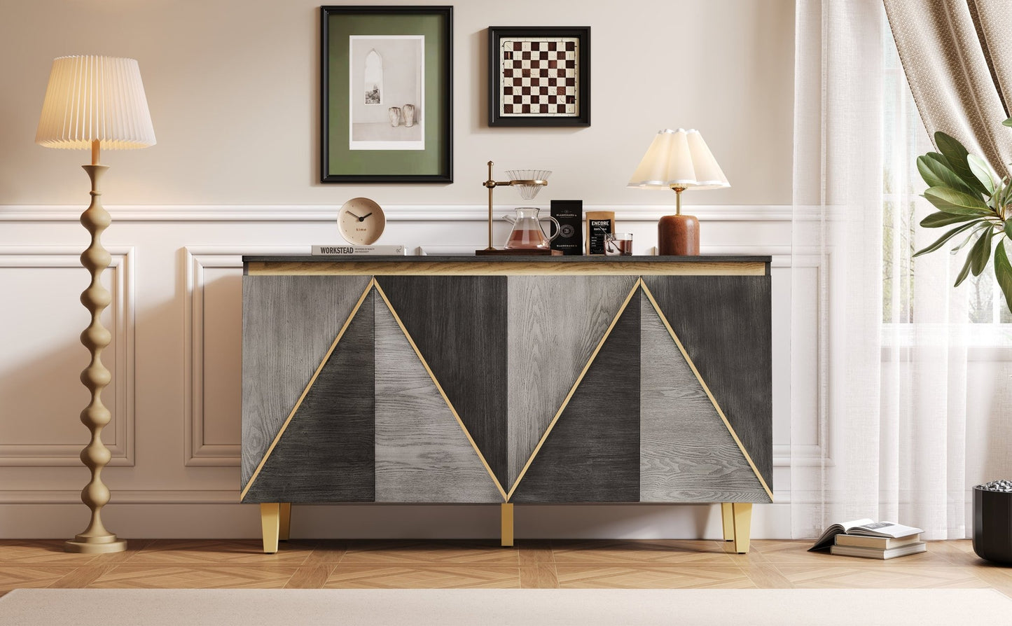 TREXM 60' Retro Buffet Cabinet with Storage, 4 - Door Vintage Sideboard Cabinet with Dimensional Effect Doors and Adjustable Shelves for Dining Room, Kitchen, and Living Room (Light and Dark Gray) - 1st Choice Furniture Direct