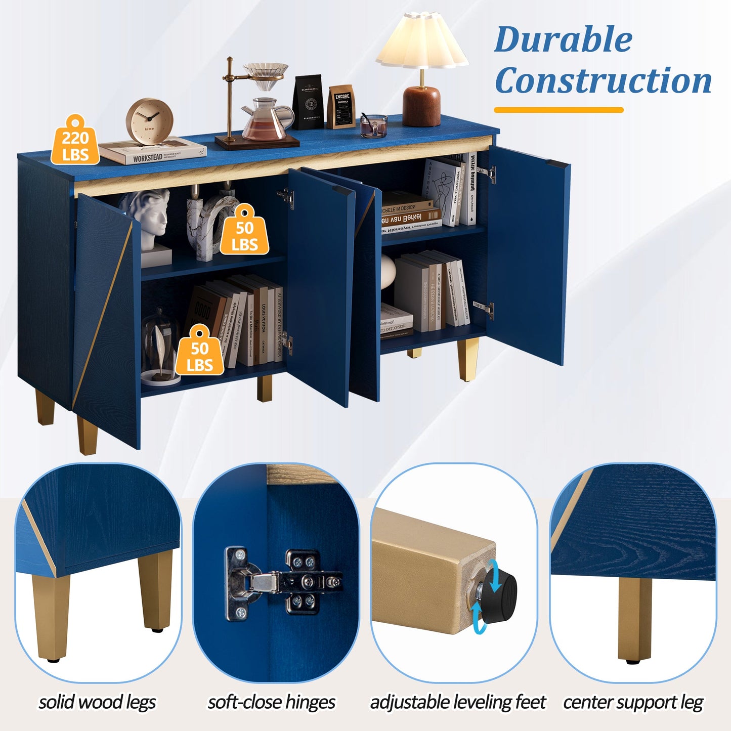 TREXM 60' Retro Buffet Cabinet with Storage, 4 - Door Vintage Sideboard Cabinet with Dimensional Effect Doors and Adjustable Shelves for Dining Room, Kitchen, and Living Room (Light and Dark Navy) - 1st Choice Furniture Direct