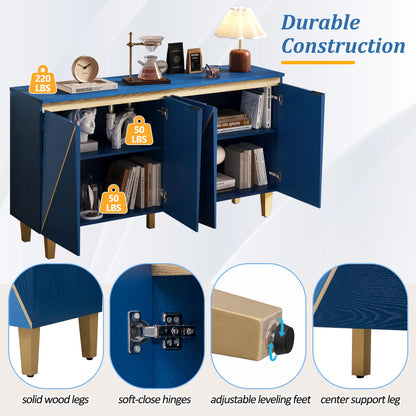 TREXM 60' Retro Buffet Cabinet with Storage, 4 - Door Vintage Sideboard Cabinet with Dimensional Effect Doors and Adjustable Shelves for Dining Room, Kitchen, and Living Room (Light and Dark Navy) - 1st Choice Furniture Direct