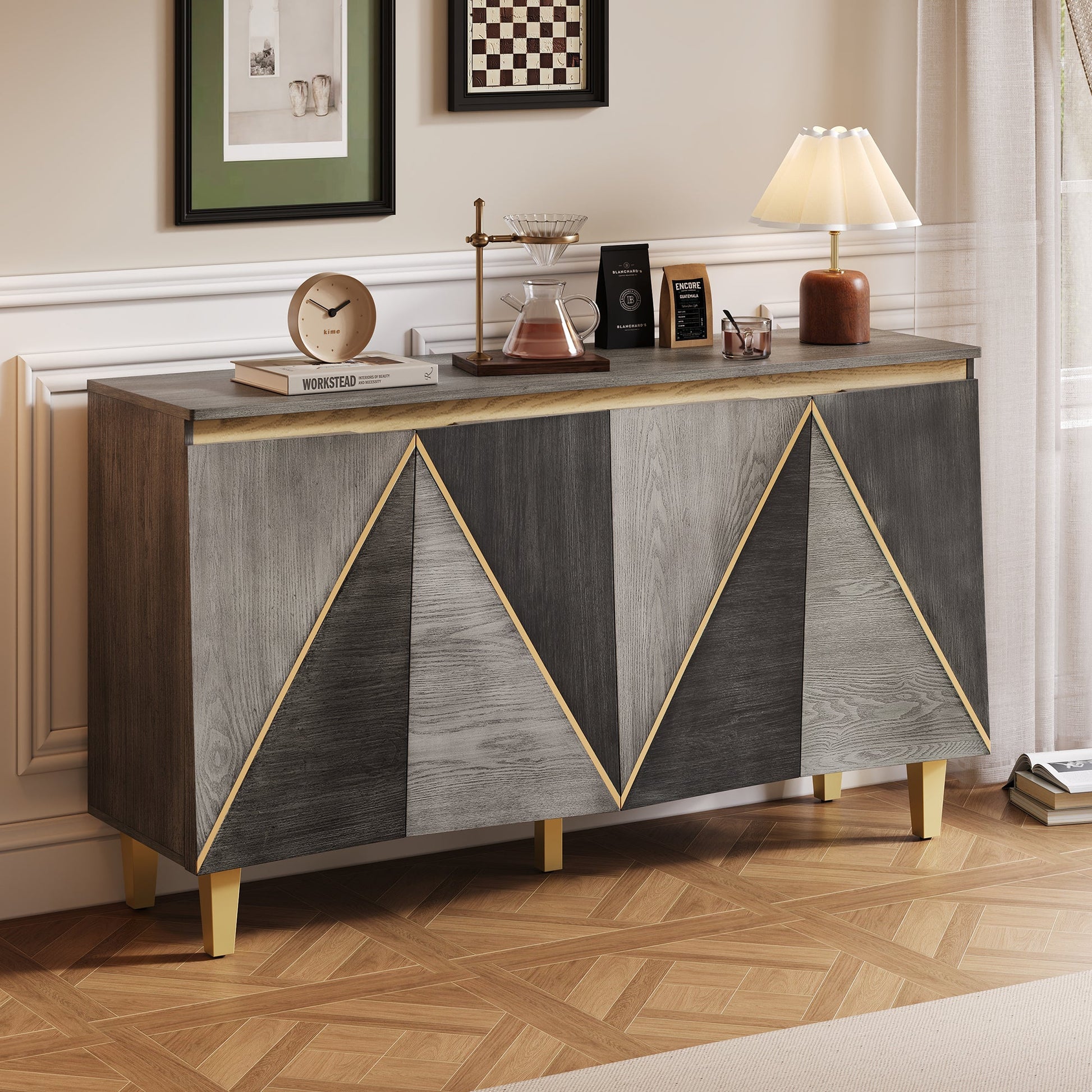 TREXM 60' Retro Buffet Cabinet with Storage, 4 - Door Vintage Sideboard Cabinet with Dimensional Effect Doors and Adjustable Shelves for Dining Room, Kitchen, and Living Room (Light and Dark Gray) - 1st Choice Furniture Direct