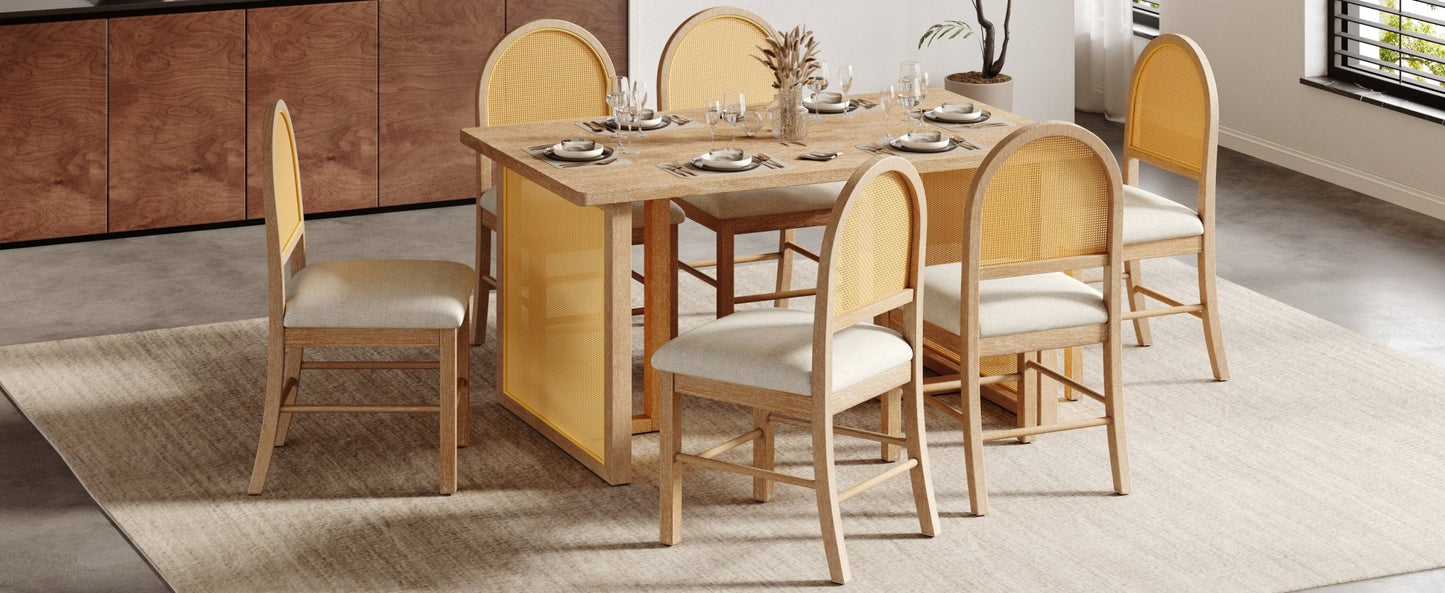 TREXM 7 - Piece Farmhouse Dining Table Set for 6 - 59.8' Rectangular Dining Table with Distressed Oak Veneer and 6 Rattan Chairs, Rustic Kitchen Furniture for Dining Room(Natural) - 1st Choice Furniture Direct