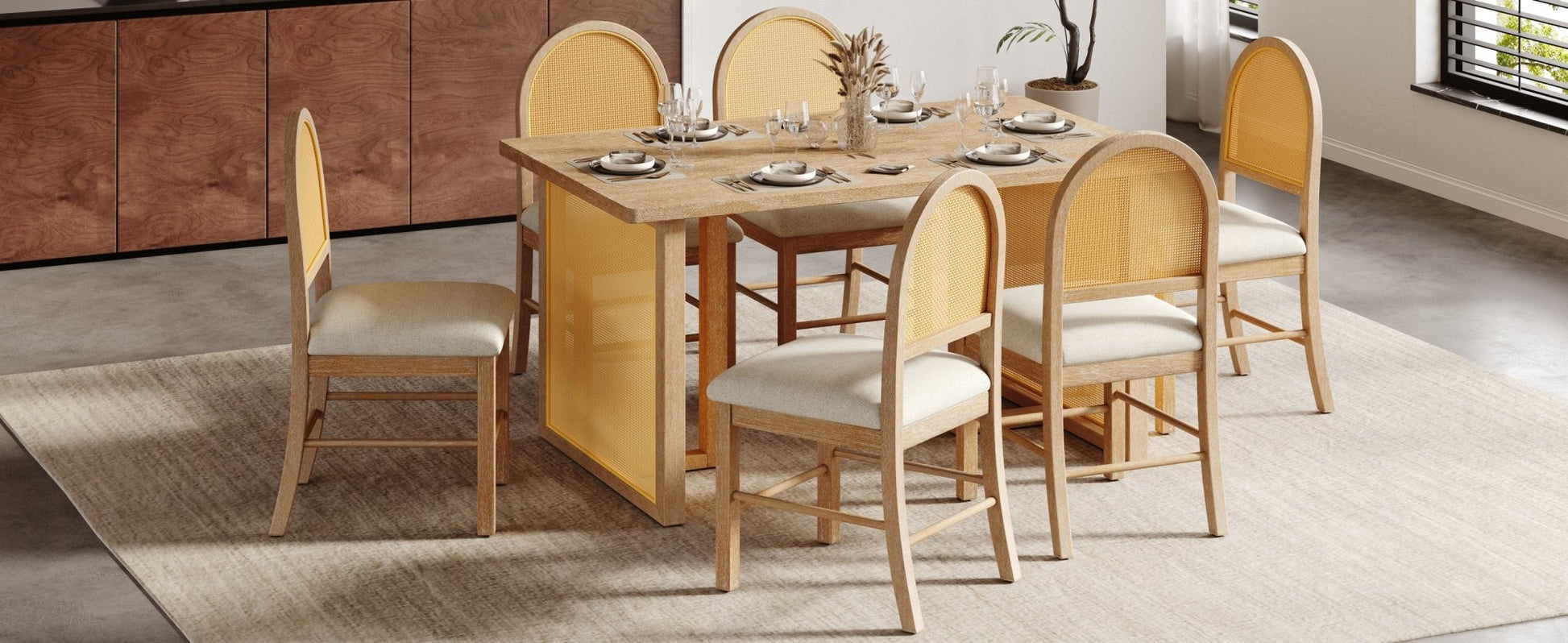 TREXM 7 - Piece Farmhouse Dining Table Set for 6 - 59.8' Rectangular Dining Table with Distressed Oak Veneer and 6 Rattan Chairs, Rustic Kitchen Furniture for Dining Room(Natural) - 1st Choice Furniture Direct