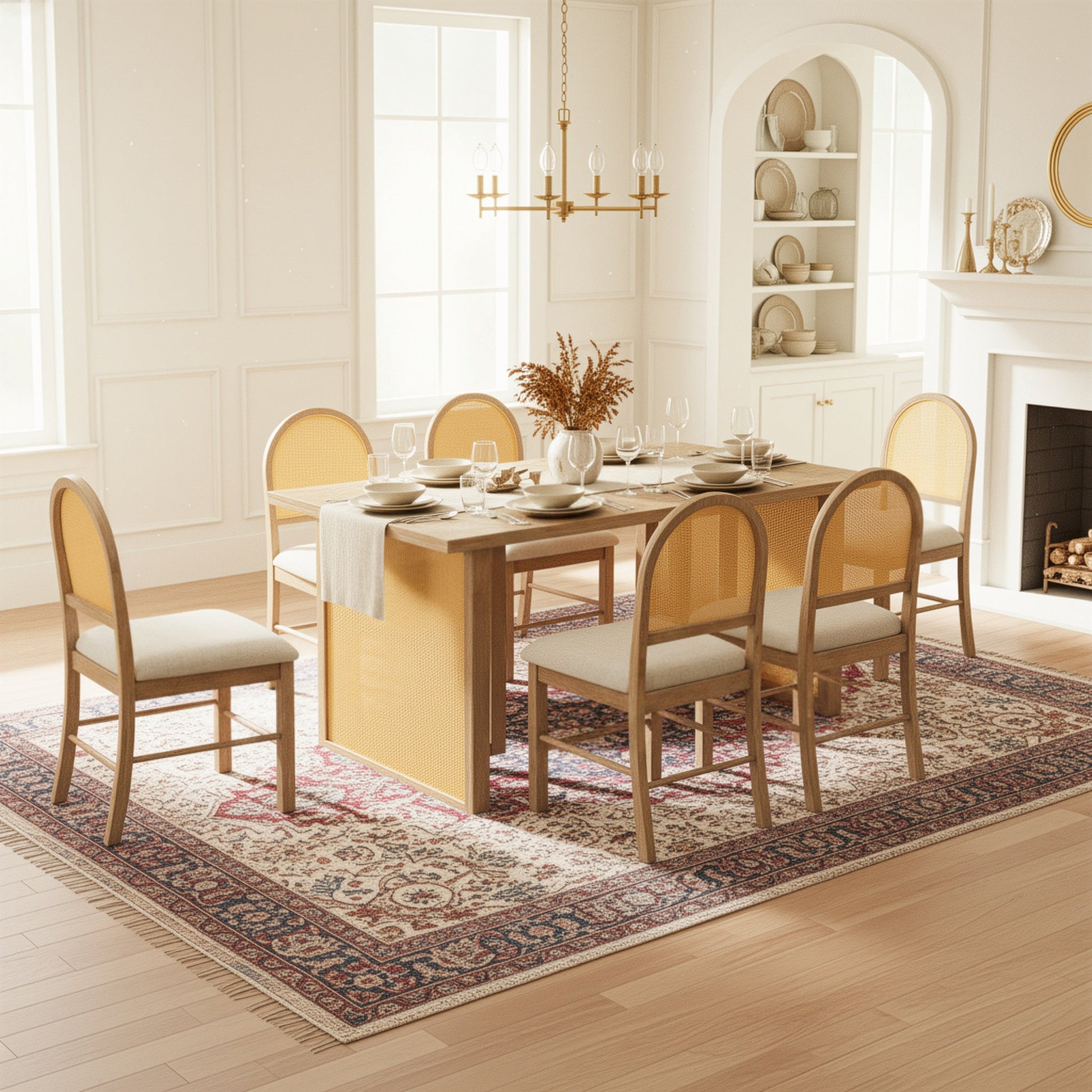 TREXM 7 - Piece Farmhouse Dining Table Set for 6 - 59.8' Rectangular Dining Table with Distressed Oak Veneer and 6 Rattan Chairs, Rustic Kitchen Furniture for Dining Room(Natural) - 1st Choice Furniture Direct