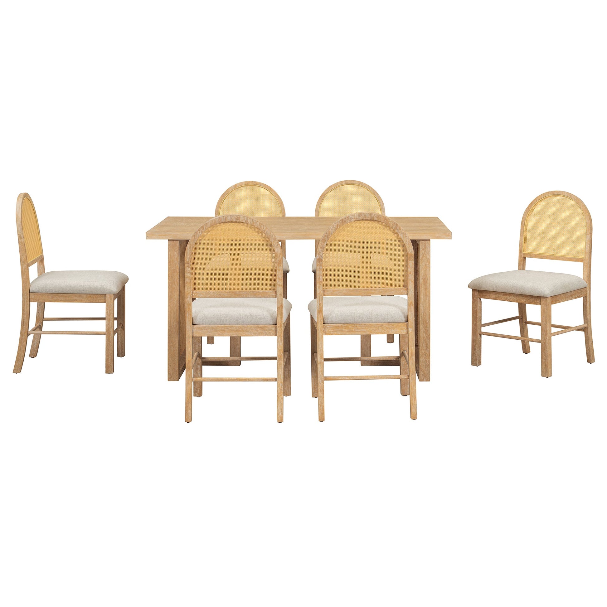 TREXM 7 - Piece Farmhouse Dining Table Set for 6 - 59.8' Rectangular Dining Table with Distressed Oak Veneer and 6 Rattan Chairs, Rustic Kitchen Furniture for Dining Room(Natural) - 1st Choice Furniture Direct