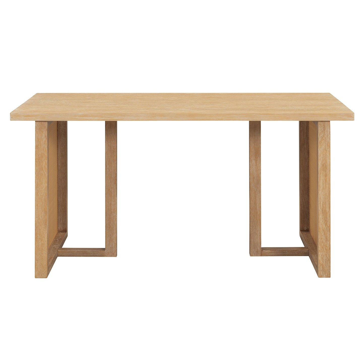 TREXM 7 - Piece Farmhouse Dining Table Set for 6 - 59.8' Rectangular Dining Table with Distressed Oak Veneer and 6 Rattan Chairs, Rustic Kitchen Furniture for Dining Room(Natural) - 1st Choice Furniture Direct