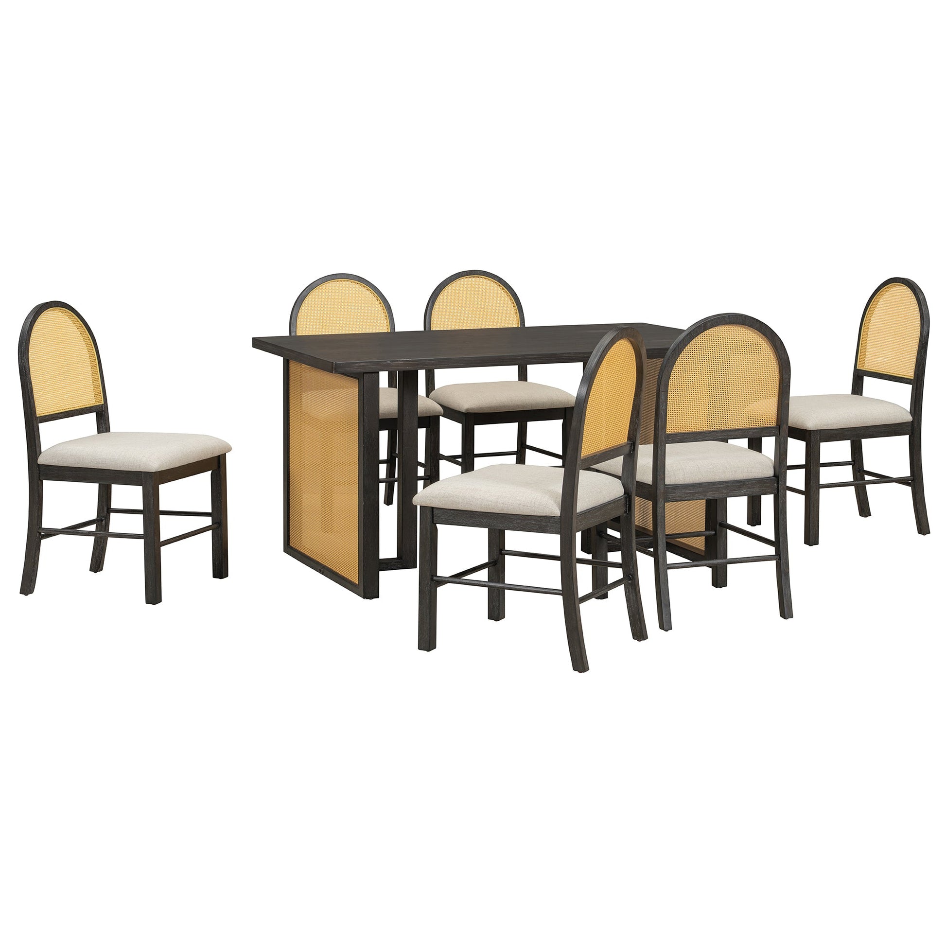 TREXM 7 - Piece Farmhouse Dining Table Set for 6 - 59.8' Rectangular Dining Table with Distressed Oak Veneer and 6 Rattan Chairs, Rustic Kitchen Furniture for Dining Room(Espresso) - 1st Choice Furniture Direct