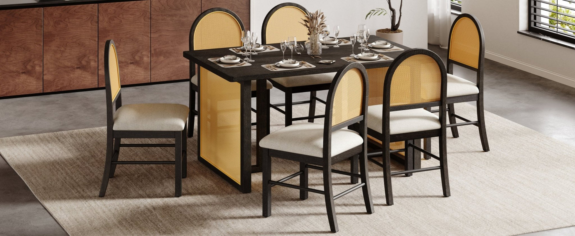 TREXM 7 - Piece Farmhouse Dining Table Set for 6 - 59.8' Rectangular Dining Table with Distressed Oak Veneer and 6 Rattan Chairs, Rustic Kitchen Furniture for Dining Room(Espresso) - 1st Choice Furniture Direct