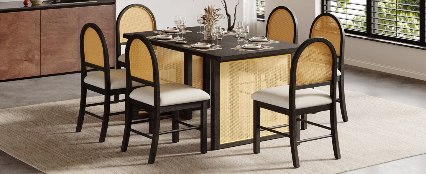 TREXM 7 - Piece Farmhouse Dining Table Set for 6 - 59.8' Rectangular Dining Table with Distressed Oak Veneer and 6 Rattan Chairs, Rustic Kitchen Furniture for Dining Room(Espresso) - 1st Choice Furniture Direct
