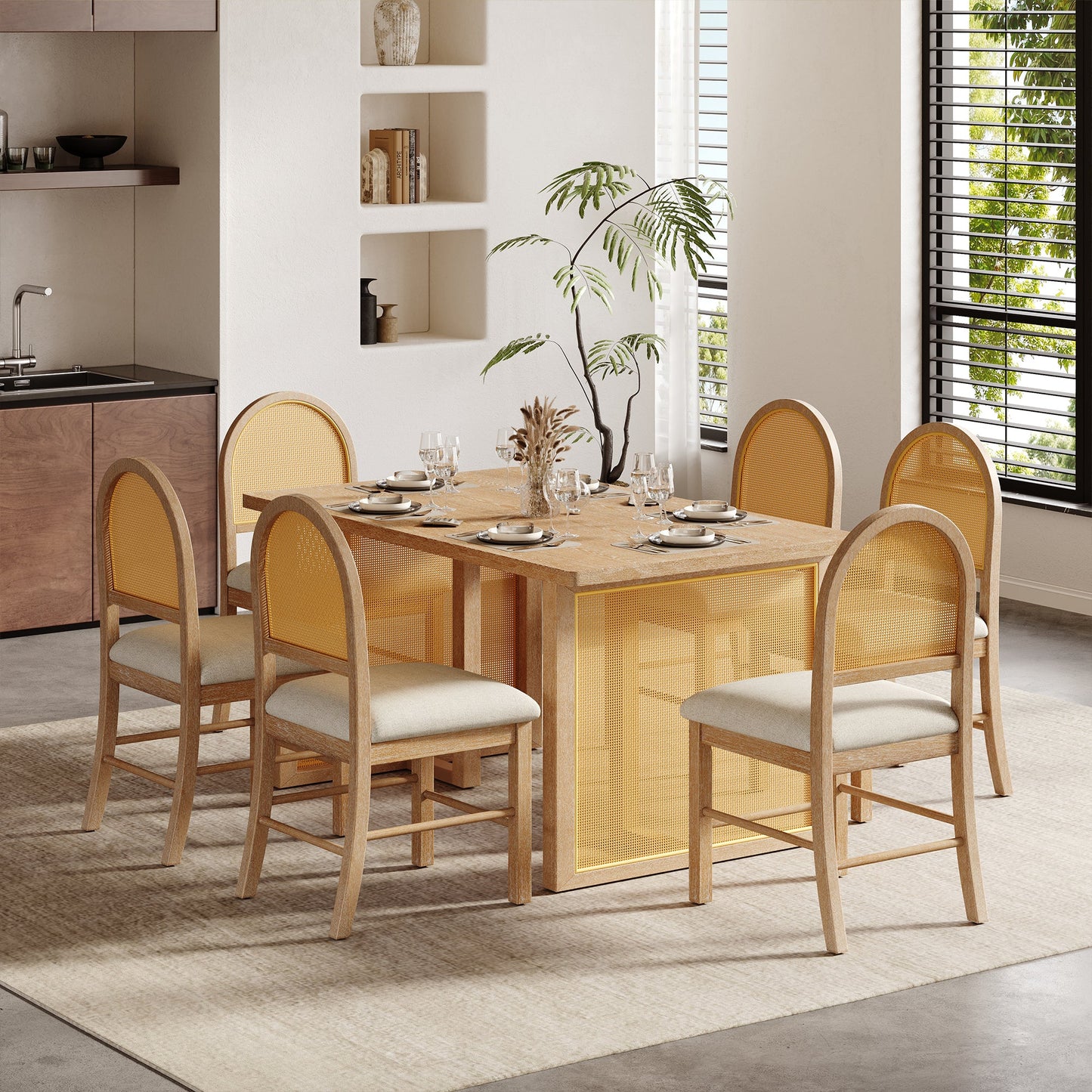 TREXM 7 - Piece Farmhouse Dining Table Set for 6 - 59.8' Rectangular Dining Table with Distressed Oak Veneer and 6 Rattan Chairs, Rustic Kitchen Furniture for Dining Room(Natural) - 1st Choice Furniture Direct