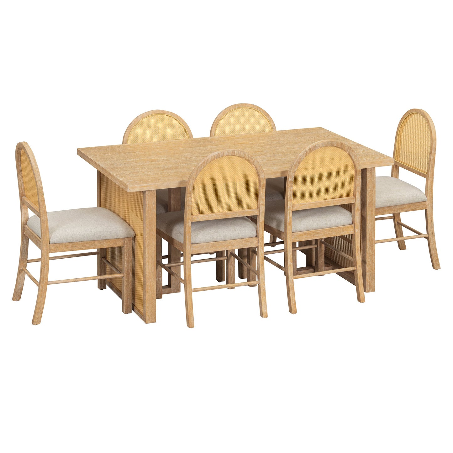 TREXM 7 - Piece Farmhouse Dining Table Set for 6 - 59.8' Rectangular Dining Table with Distressed Oak Veneer and 6 Rattan Chairs, Rustic Kitchen Furniture for Dining Room(Natural) - 1st Choice Furniture Direct