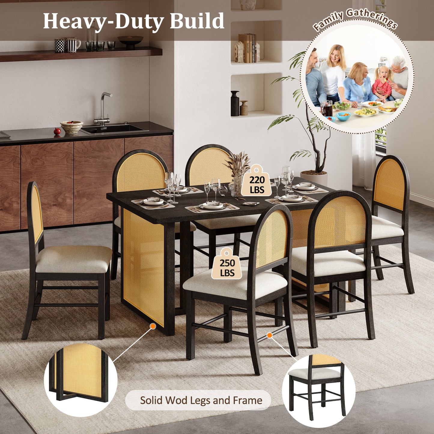 TREXM 7 - Piece Farmhouse Dining Table Set for 6 - 59.8' Rectangular Dining Table with Distressed Oak Veneer and 6 Rattan Chairs, Rustic Kitchen Furniture for Dining Room(Espresso) - 1st Choice Furniture Direct