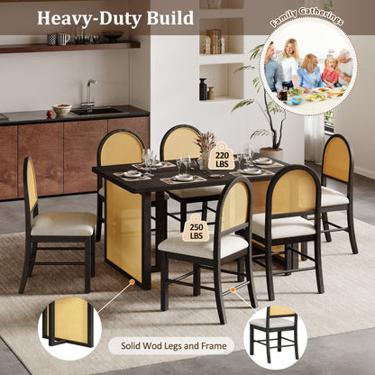 TREXM 7 - Piece Farmhouse Dining Table Set for 6 - 59.8' Rectangular Dining Table with Distressed Oak Veneer and 6 Rattan Chairs, Rustic Kitchen Furniture for Dining Room(Espresso) - 1st Choice Furniture Direct