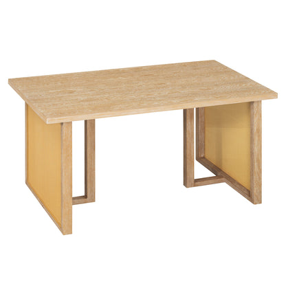 TREXM 7 - Piece Farmhouse Dining Table Set for 6 - 59.8' Rectangular Dining Table with Distressed Oak Veneer and 6 Rattan Chairs, Rustic Kitchen Furniture for Dining Room(Natural) - 1st Choice Furniture Direct