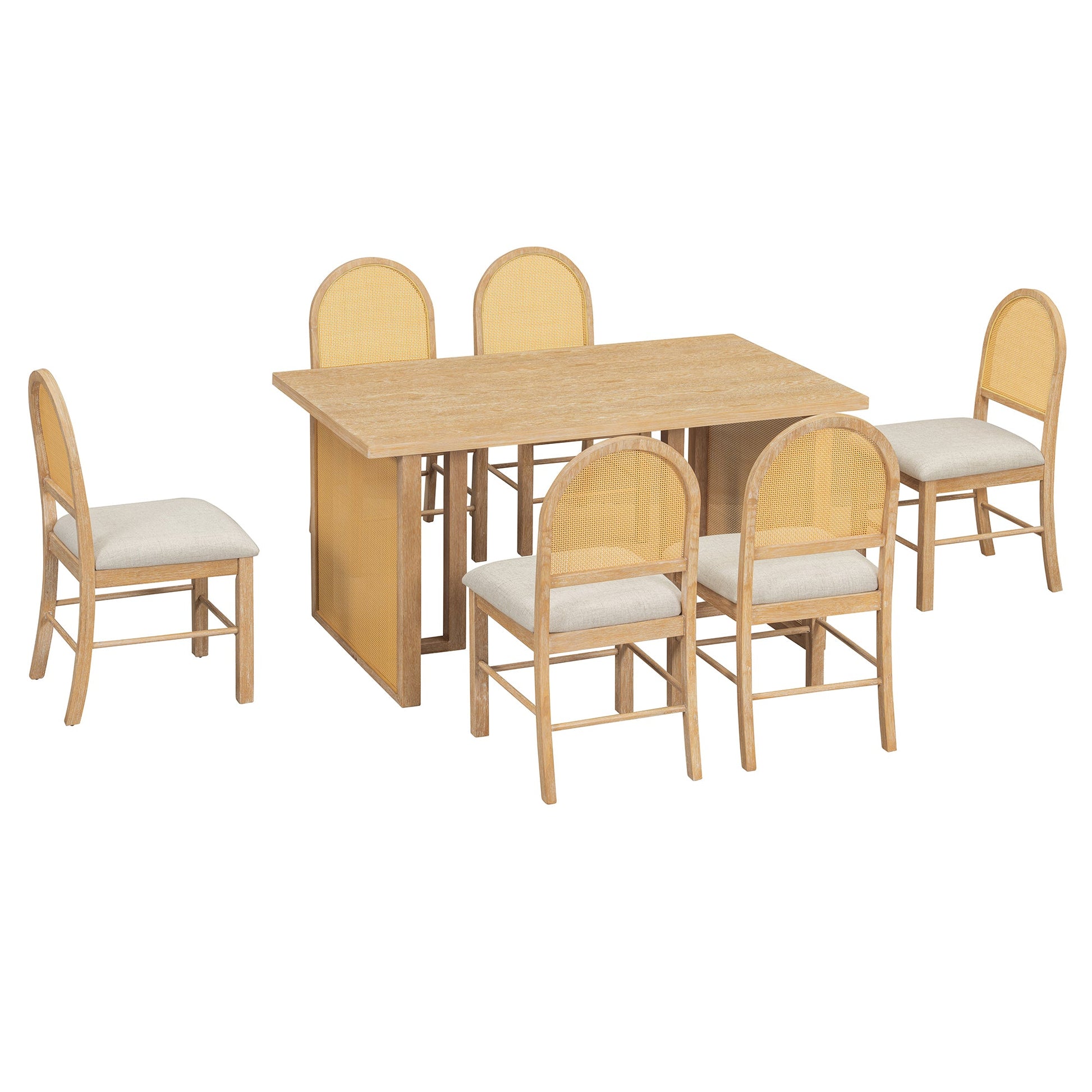 TREXM 7 - Piece Farmhouse Dining Table Set for 6 - 59.8' Rectangular Dining Table with Distressed Oak Veneer and 6 Rattan Chairs, Rustic Kitchen Furniture for Dining Room(Natural) - 1st Choice Furniture Direct