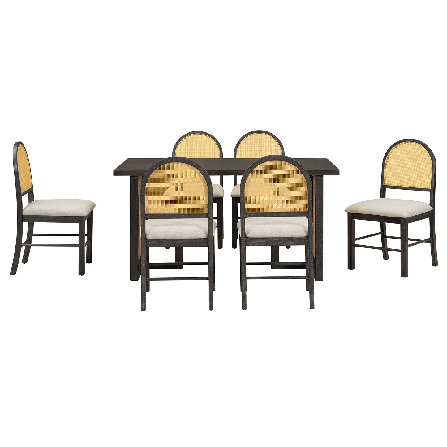 TREXM 7 - Piece Farmhouse Dining Table Set for 6 - 59.8' Rectangular Dining Table with Distressed Oak Veneer and 6 Rattan Chairs, Rustic Kitchen Furniture for Dining Room(Espresso) - 1st Choice Furniture Direct