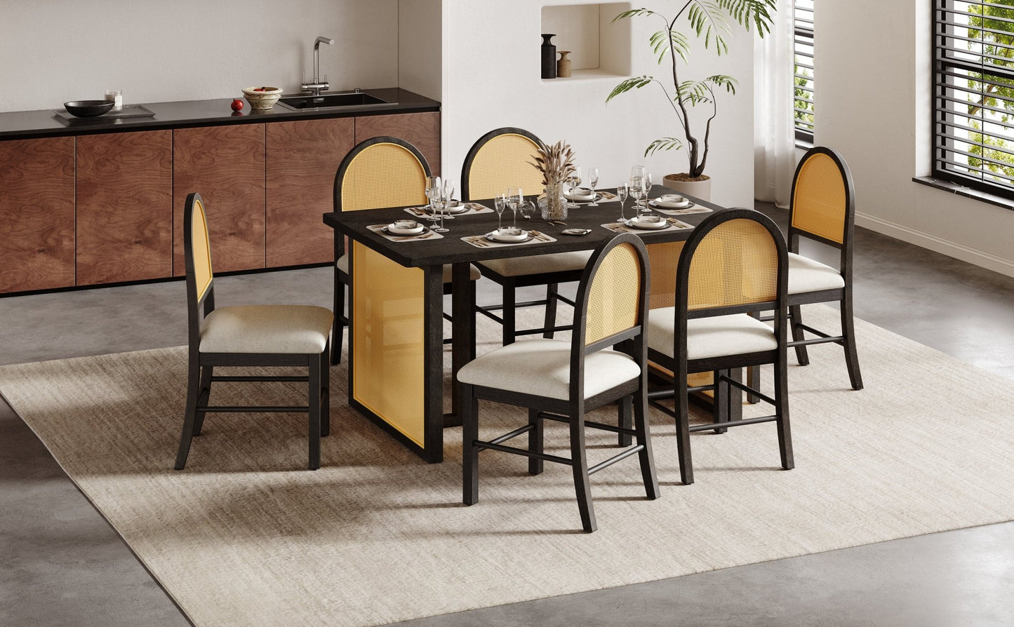 TREXM 7 - Piece Farmhouse Dining Table Set for 6 - 59.8' Rectangular Dining Table with Distressed Oak Veneer and 6 Rattan Chairs, Rustic Kitchen Furniture for Dining Room(Espresso) - 1st Choice Furniture Direct