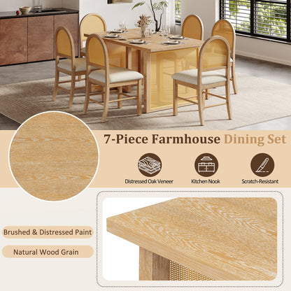 TREXM 7 - Piece Farmhouse Dining Table Set for 6 - 59.8' Rectangular Dining Table with Distressed Oak Veneer and 6 Rattan Chairs, Rustic Kitchen Furniture for Dining Room(Natural) - 1st Choice Furniture Direct