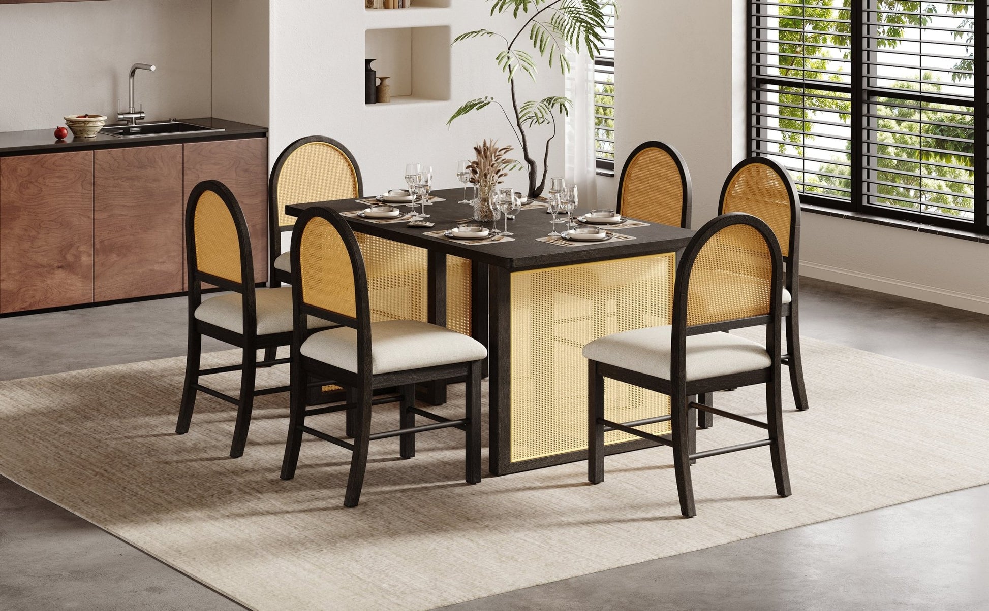 TREXM 7 - Piece Farmhouse Dining Table Set for 6 - 59.8' Rectangular Dining Table with Distressed Oak Veneer and 6 Rattan Chairs, Rustic Kitchen Furniture for Dining Room(Espresso) - 1st Choice Furniture Direct