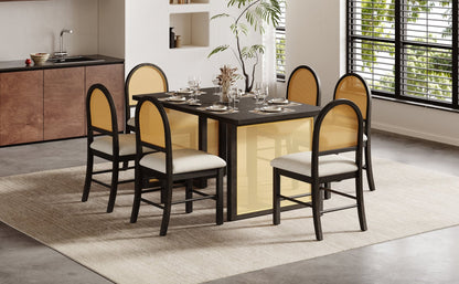 TREXM 7 - Piece Farmhouse Dining Table Set for 6 - 59.8' Rectangular Dining Table with Distressed Oak Veneer and 6 Rattan Chairs, Rustic Kitchen Furniture for Dining Room(Espresso) - 1st Choice Furniture Direct
