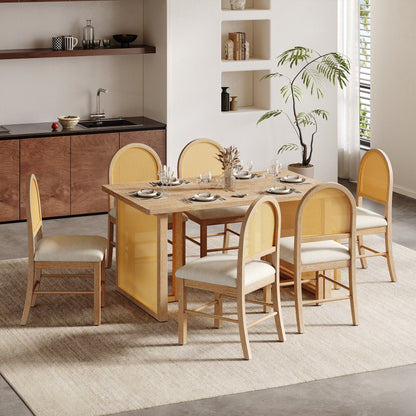 TREXM 7 - Piece Farmhouse Dining Table Set for 6 - 59.8' Rectangular Dining Table with Distressed Oak Veneer and 6 Rattan Chairs, Rustic Kitchen Furniture for Dining Room(Natural) - 1st Choice Furniture Direct