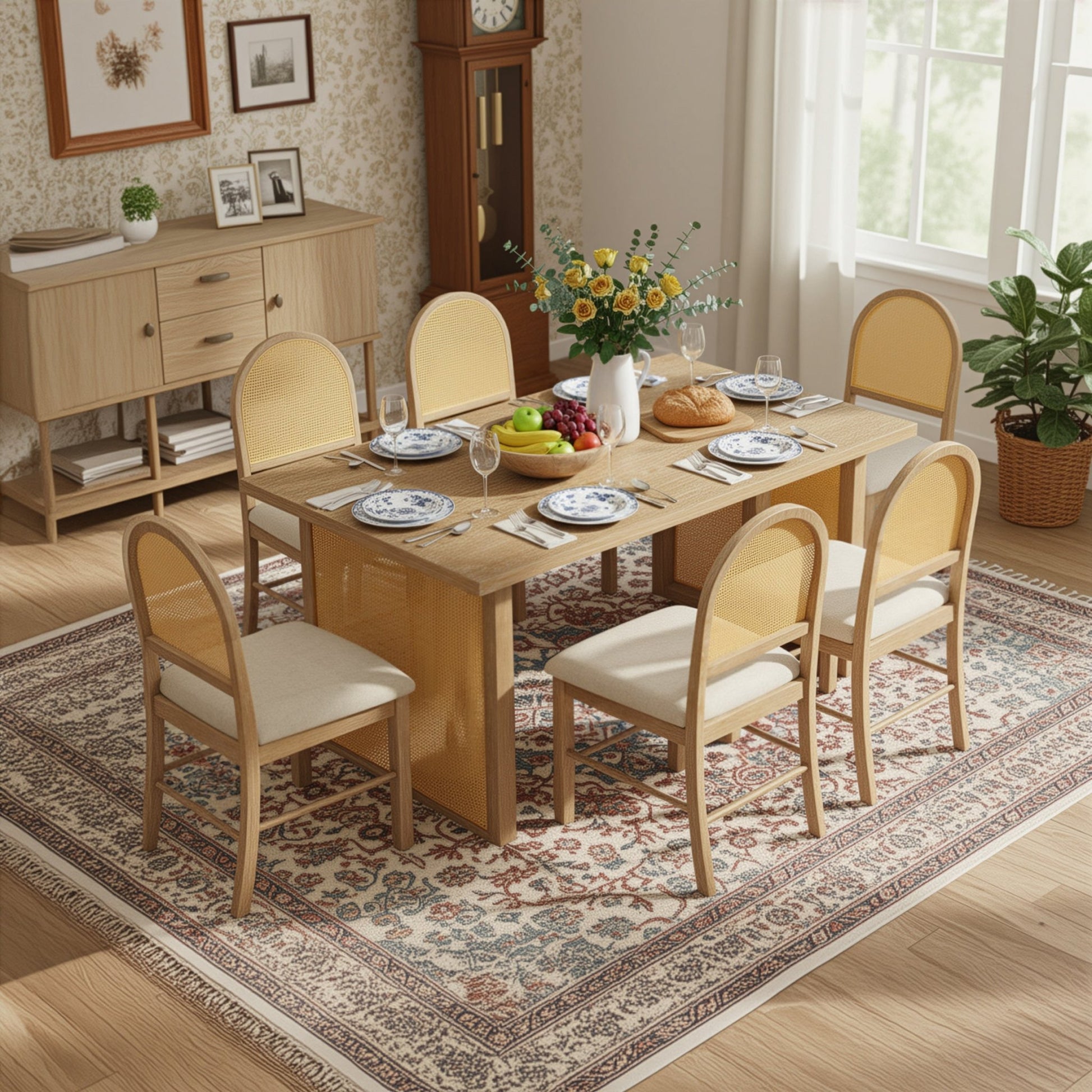 TREXM 7 - Piece Farmhouse Dining Table Set for 6 - 59.8' Rectangular Dining Table with Distressed Oak Veneer and 6 Rattan Chairs, Rustic Kitchen Furniture for Dining Room(Natural) - 1st Choice Furniture Direct