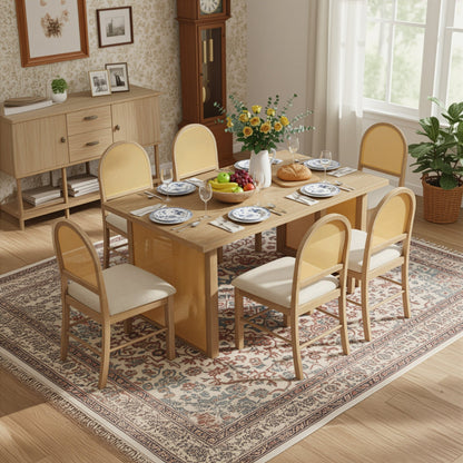 TREXM 7 - Piece Farmhouse Dining Table Set for 6 - 59.8' Rectangular Dining Table with Distressed Oak Veneer and 6 Rattan Chairs, Rustic Kitchen Furniture for Dining Room(Natural) - 1st Choice Furniture Direct