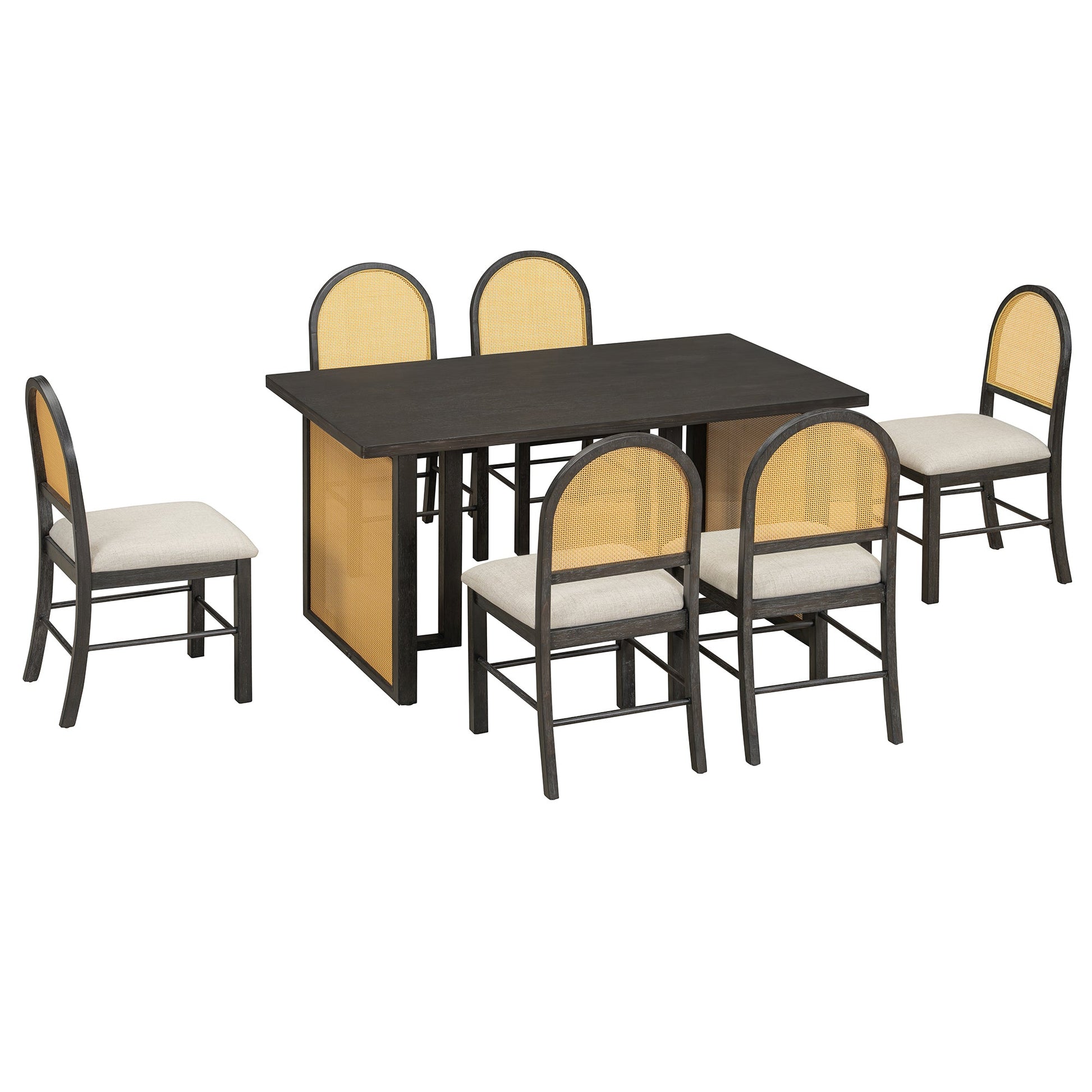 TREXM 7 - Piece Farmhouse Dining Table Set for 6 - 59.8' Rectangular Dining Table with Distressed Oak Veneer and 6 Rattan Chairs, Rustic Kitchen Furniture for Dining Room(Espresso) - 1st Choice Furniture Direct