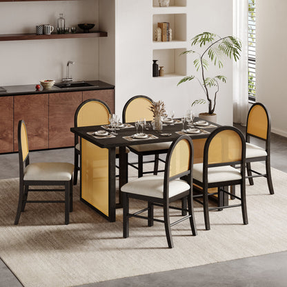 TREXM 7 - Piece Farmhouse Dining Table Set for 6 - 59.8' Rectangular Dining Table with Distressed Oak Veneer and 6 Rattan Chairs, Rustic Kitchen Furniture for Dining Room(Espresso) - 1st Choice Furniture Direct