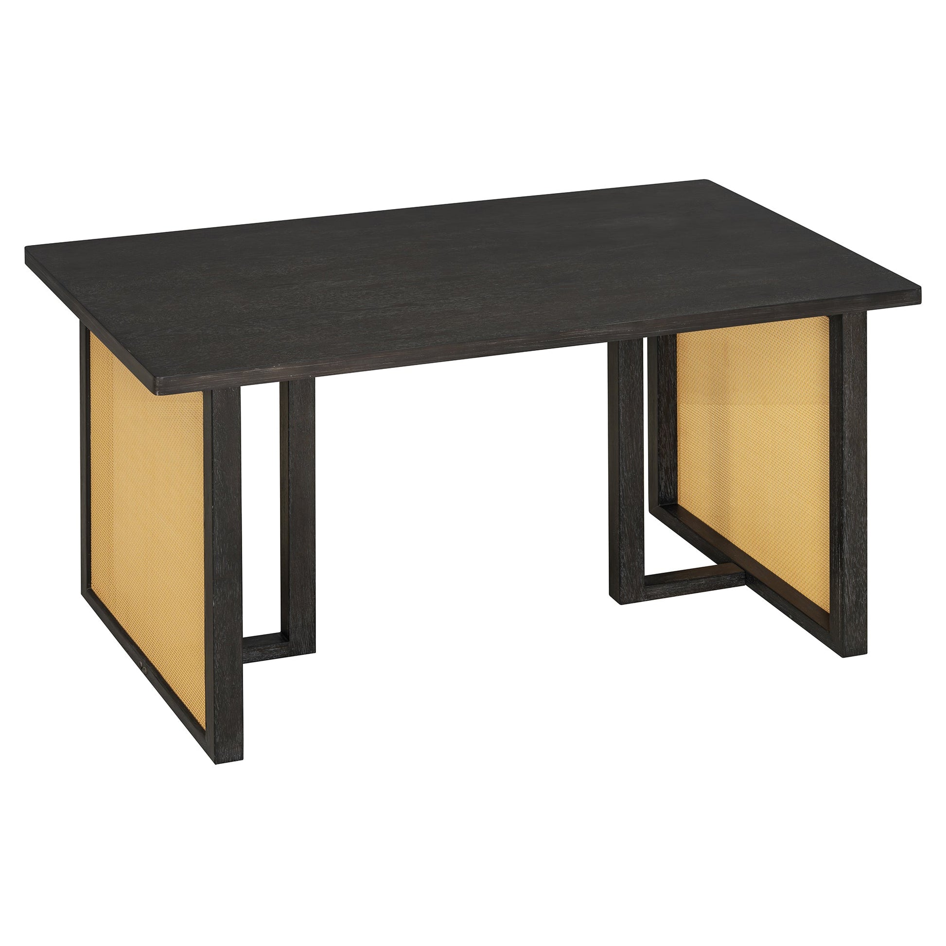 TREXM 7 - Piece Farmhouse Dining Table Set for 6 - 59.8' Rectangular Dining Table with Distressed Oak Veneer and 6 Rattan Chairs, Rustic Kitchen Furniture for Dining Room(Espresso) - 1st Choice Furniture Direct