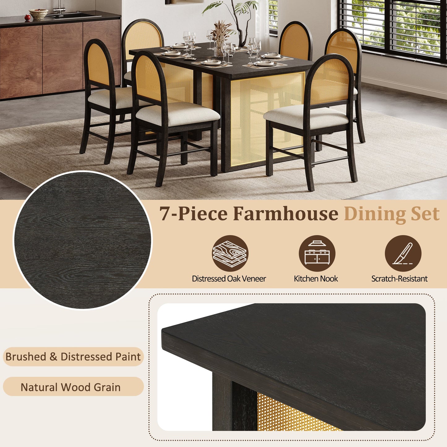 TREXM 7 - Piece Farmhouse Dining Table Set for 6 - 59.8' Rectangular Dining Table with Distressed Oak Veneer and 6 Rattan Chairs, Rustic Kitchen Furniture for Dining Room(Espresso) - 1st Choice Furniture Direct