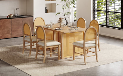 TREXM 7 - Piece Farmhouse Dining Table Set for 6 - 59.8' Rectangular Dining Table with Distressed Oak Veneer and 6 Rattan Chairs, Rustic Kitchen Furniture for Dining Room(Natural) - 1st Choice Furniture Direct