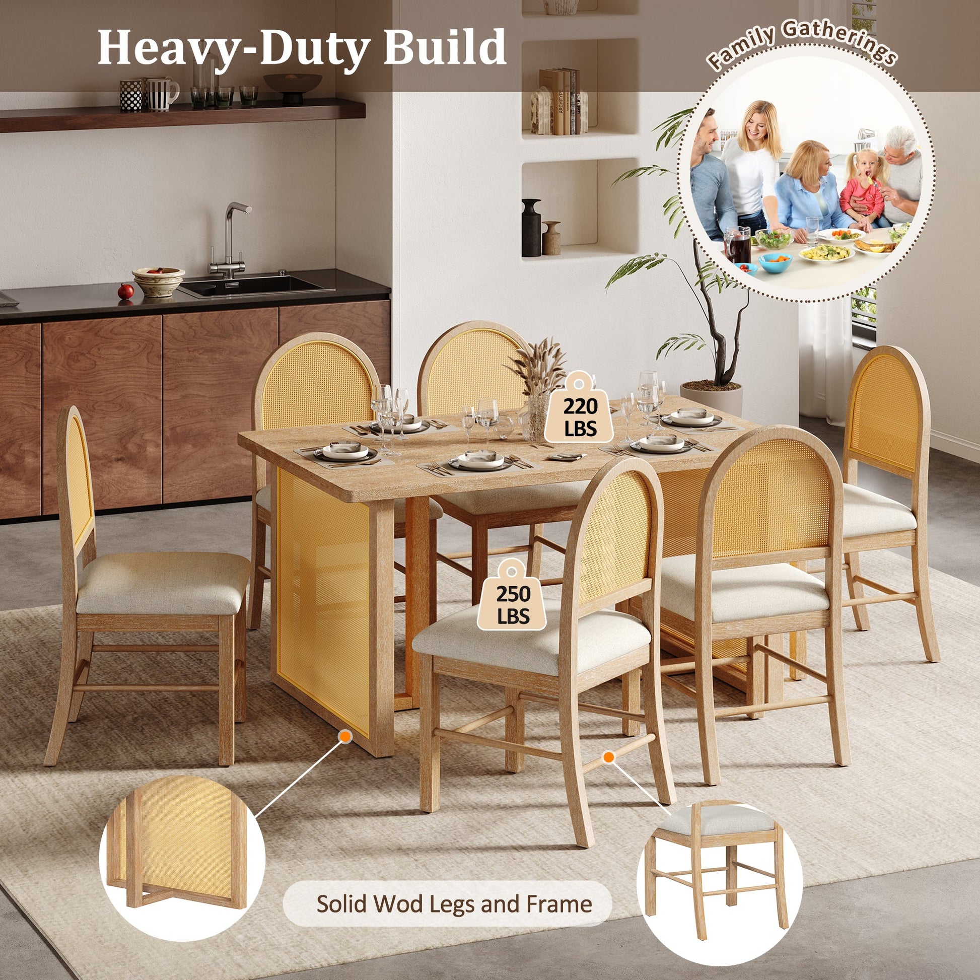 TREXM 7 - Piece Farmhouse Dining Table Set for 6 - 59.8' Rectangular Dining Table with Distressed Oak Veneer and 6 Rattan Chairs, Rustic Kitchen Furniture for Dining Room(Natural) - 1st Choice Furniture Direct