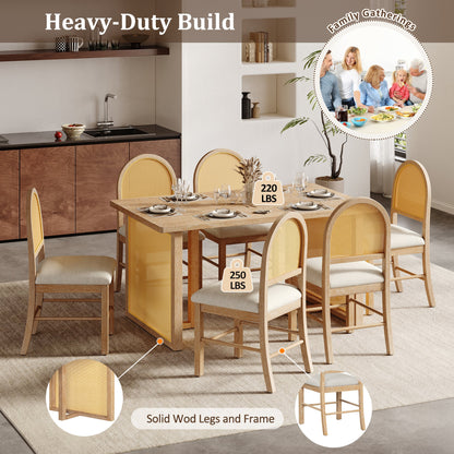 TREXM 7 - Piece Farmhouse Dining Table Set for 6 - 59.8' Rectangular Dining Table with Distressed Oak Veneer and 6 Rattan Chairs, Rustic Kitchen Furniture for Dining Room(Natural) - 1st Choice Furniture Direct