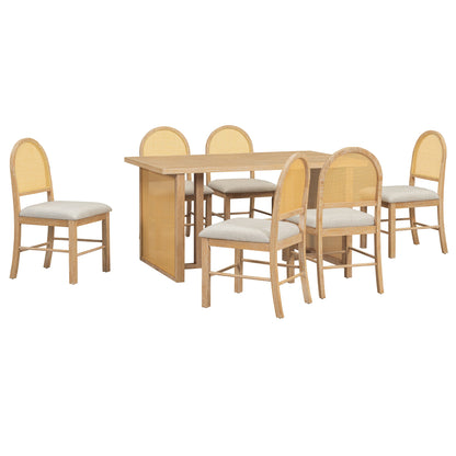TREXM 7 - Piece Farmhouse Dining Table Set for 6 - 59.8' Rectangular Dining Table with Distressed Oak Veneer and 6 Rattan Chairs, Rustic Kitchen Furniture for Dining Room(Natural) - 1st Choice Furniture Direct
