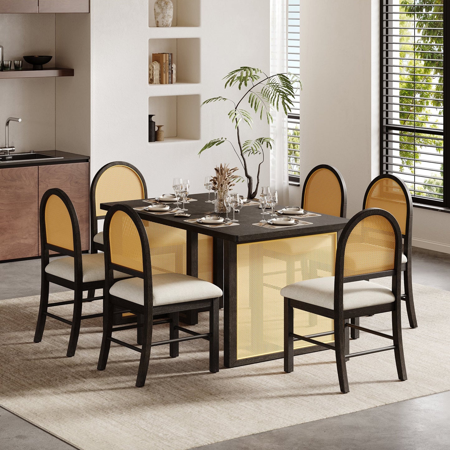 TREXM 7 - Piece Farmhouse Dining Table Set for 6 - 59.8' Rectangular Dining Table with Distressed Oak Veneer and 6 Rattan Chairs, Rustic Kitchen Furniture for Dining Room(Espresso) - 1st Choice Furniture Direct