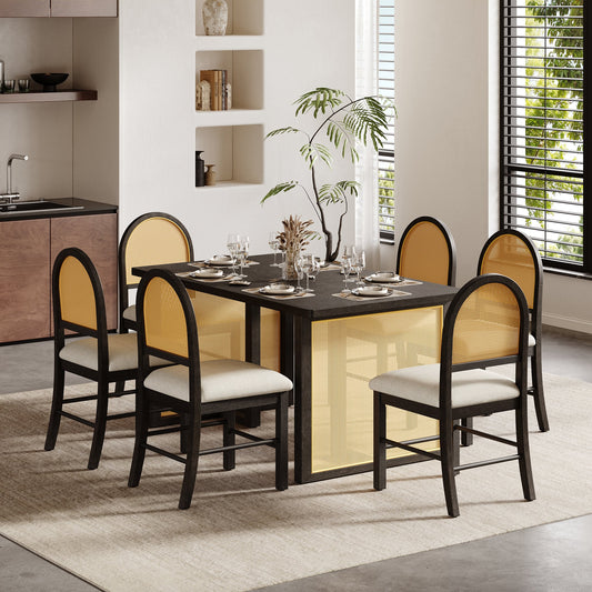TREXM 7 - Piece Farmhouse Dining Table Set for 6 - 59.8' Rectangular Dining Table with Distressed Oak Veneer and 6 Rattan Chairs, Rustic Kitchen Furniture for Dining Room(Espresso) - 1st Choice Furniture Direct