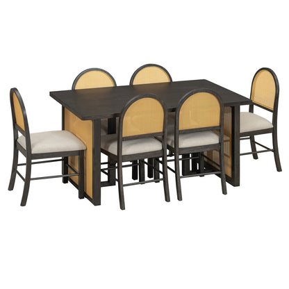 TREXM 7 - Piece Farmhouse Dining Table Set for 6 - 59.8' Rectangular Dining Table with Distressed Oak Veneer and 6 Rattan Chairs, Rustic Kitchen Furniture for Dining Room(Espresso) - 1st Choice Furniture Direct