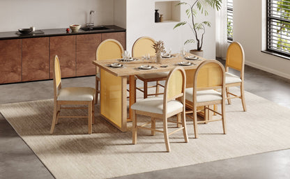 TREXM 7 - Piece Farmhouse Dining Table Set for 6 - 59.8' Rectangular Dining Table with Distressed Oak Veneer and 6 Rattan Chairs, Rustic Kitchen Furniture for Dining Room(Natural) - 1st Choice Furniture Direct
