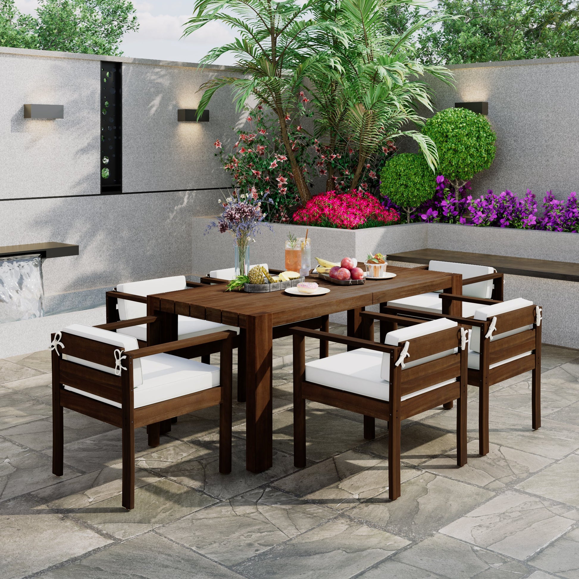 TREXM 7 - Piece Patio Dining Table Set for 6, Outdoor Furniture Sets with 72.8' Rectangle Table, Patio Table and Chairs Set with Removable Cushions for Backyard, Garden, Poolside (Mocha + Beige Cushion) - 1st Choice Furniture Direct