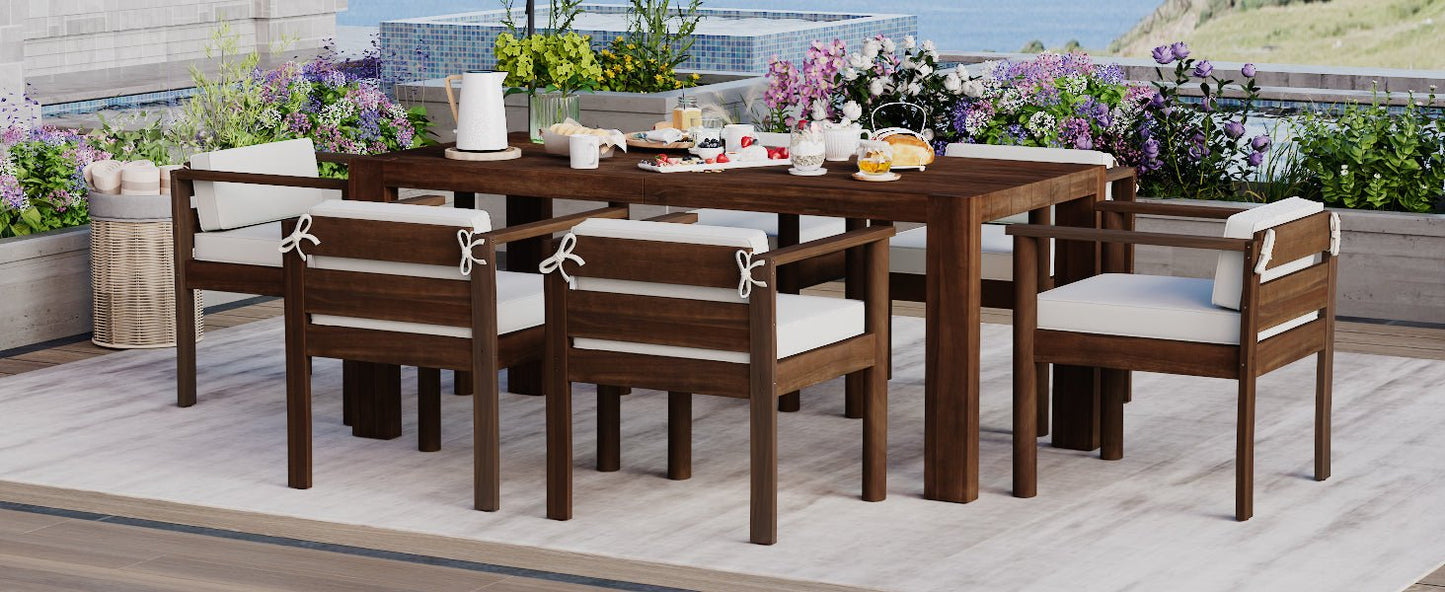 TREXM 7 - Piece Patio Dining Table Set for 6, Outdoor Furniture Sets with 72.8' Rectangle Table, Patio Table and Chairs Set with Removable Cushions for Backyard, Garden, Poolside (Mocha + Beige Cushion) - 1st Choice Furniture Direct