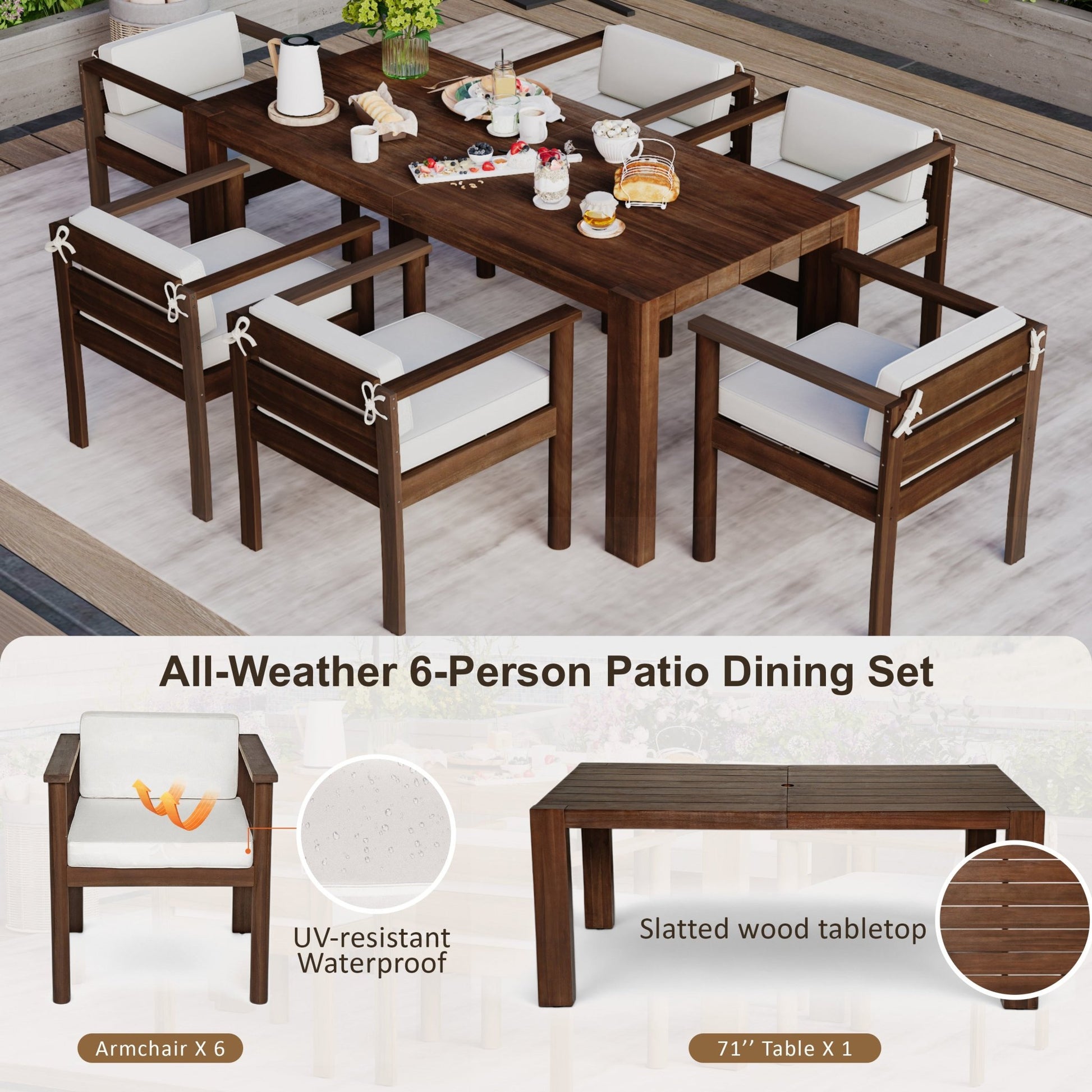 TREXM 7 - Piece Patio Dining Table Set for 6, Outdoor Furniture Sets with 72.8' Rectangle Table, Patio Table and Chairs Set with Removable Cushions for Backyard, Garden, Poolside (Mocha + Beige Cushion) - 1st Choice Furniture Direct