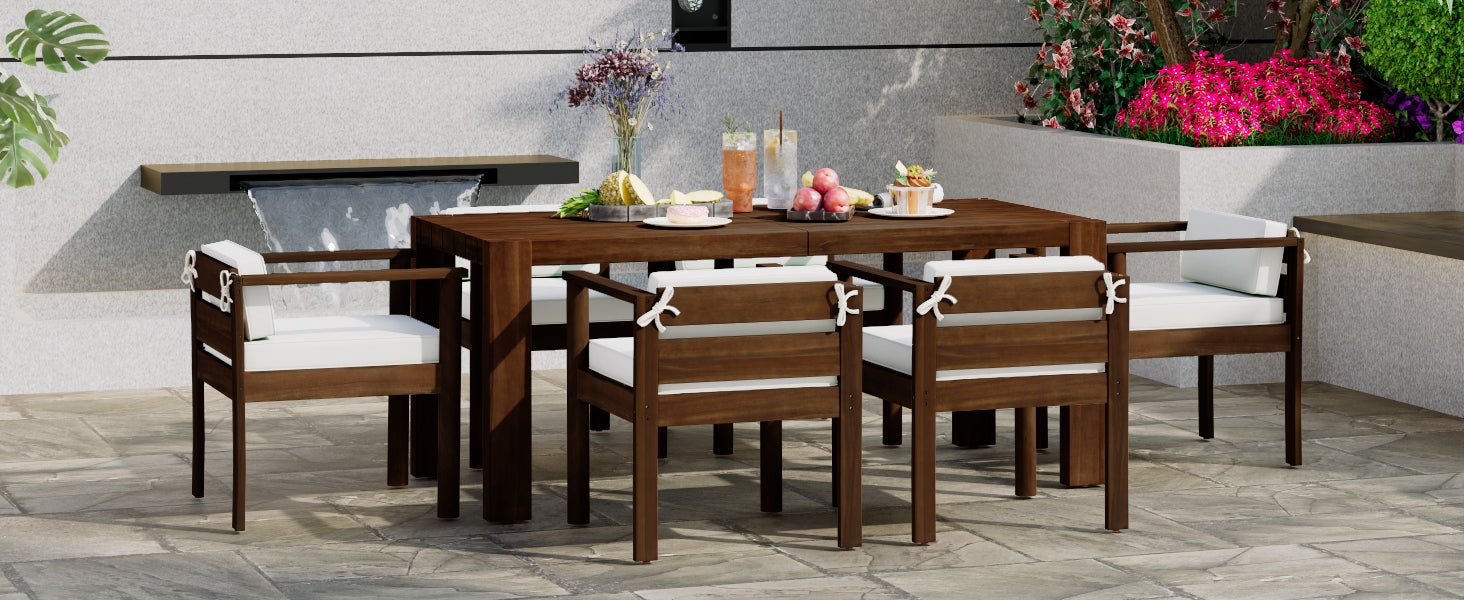 TREXM 7 - Piece Patio Dining Table Set for 6, Outdoor Furniture Sets with 72.8' Rectangle Table, Patio Table and Chairs Set with Removable Cushions for Backyard, Garden, Poolside (Mocha + Beige Cushion) - 1st Choice Furniture Direct