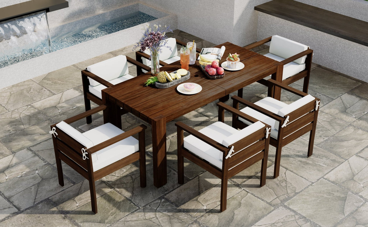 TREXM 7 - Piece Patio Dining Table Set for 6, Outdoor Furniture Sets with 72.8' Rectangle Table, Patio Table and Chairs Set with Removable Cushions for Backyard, Garden, Poolside (Mocha + Beige Cushion) - 1st Choice Furniture Direct
