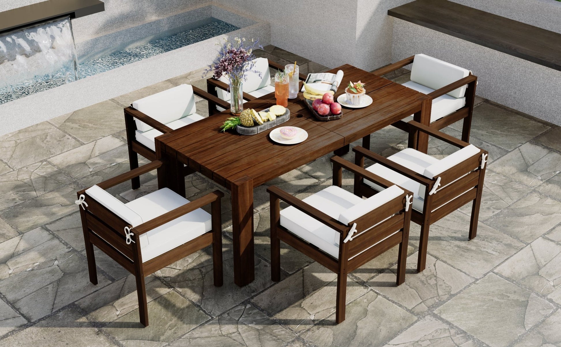 TREXM 7 - Piece Patio Dining Table Set for 6, Outdoor Furniture Sets with 72.8' Rectangle Table, Patio Table and Chairs Set with Removable Cushions for Backyard, Garden, Poolside (Mocha + Beige Cushion) - 1st Choice Furniture Direct