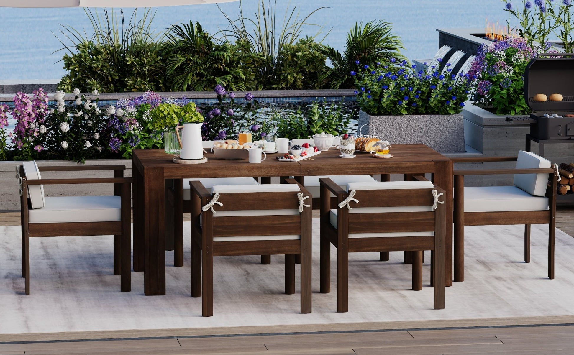 TREXM 7 - Piece Patio Dining Table Set for 6, Outdoor Furniture Sets with 72.8' Rectangle Table, Patio Table and Chairs Set with Removable Cushions for Backyard, Garden, Poolside (Mocha + Beige Cushion) - 1st Choice Furniture Direct