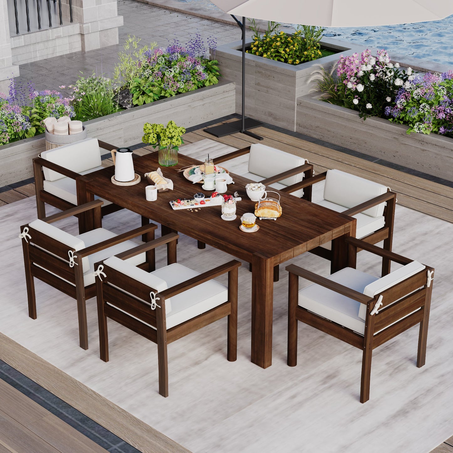 TREXM 7 - Piece Patio Dining Table Set for 6, Outdoor Furniture Sets with 72.8' Rectangle Table, Patio Table and Chairs Set with Removable Cushions for Backyard, Garden, Poolside (Mocha + Beige Cushion) - 1st Choice Furniture Direct