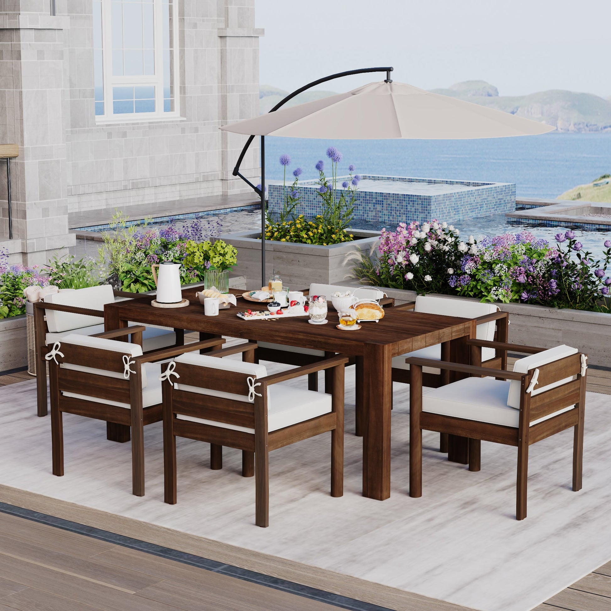 TREXM 7 - Piece Patio Dining Table Set for 6, Outdoor Furniture Sets with 72.8' Rectangle Table, Patio Table and Chairs Set with Removable Cushions for Backyard, Garden, Poolside (Mocha + Beige Cushion) - 1st Choice Furniture Direct