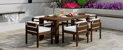 TREXM 7 - Piece Patio Dining Table Set for 6, Outdoor Furniture Sets with 72.8' Rectangle Table, Patio Table and Chairs Set with Removable Cushions for Backyard, Garden, Poolside (Mocha + Beige Cushion) - 1st Choice Furniture Direct