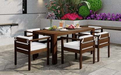 TREXM 7 - Piece Patio Dining Table Set for 6, Outdoor Furniture Sets with 72.8' Rectangle Table, Patio Table and Chairs Set with Removable Cushions for Backyard, Garden, Poolside (Mocha + Beige Cushion) - 1st Choice Furniture Direct
